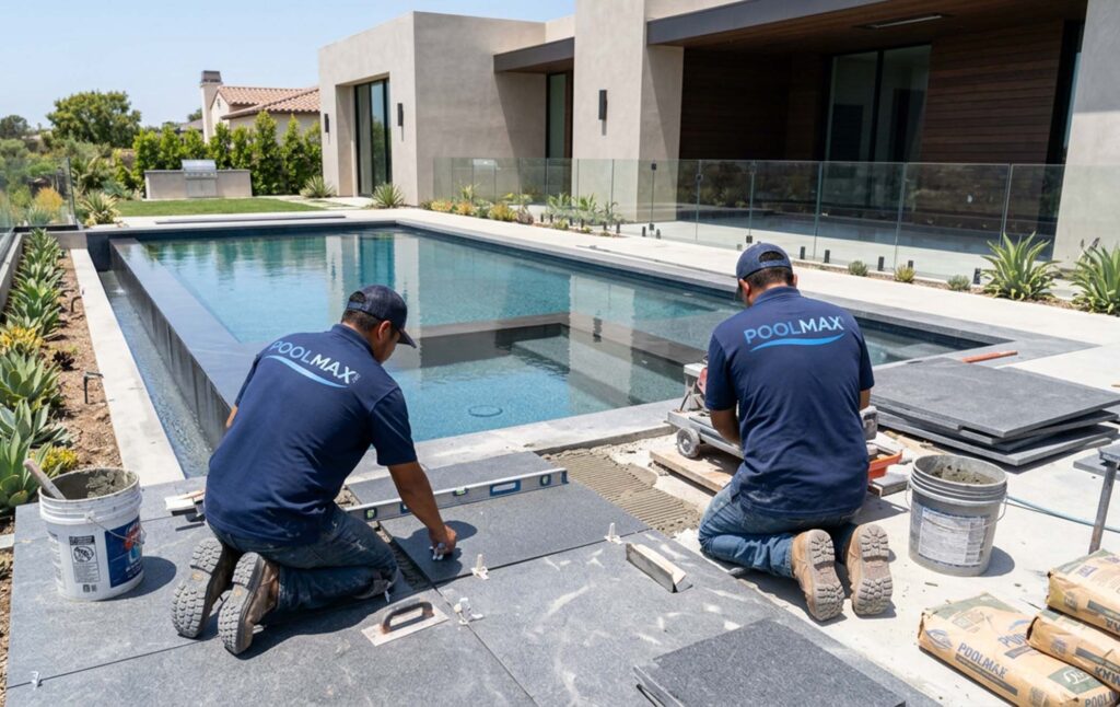 A close view showing the seamless transition between a natural stone pool deck and modern waterline tile