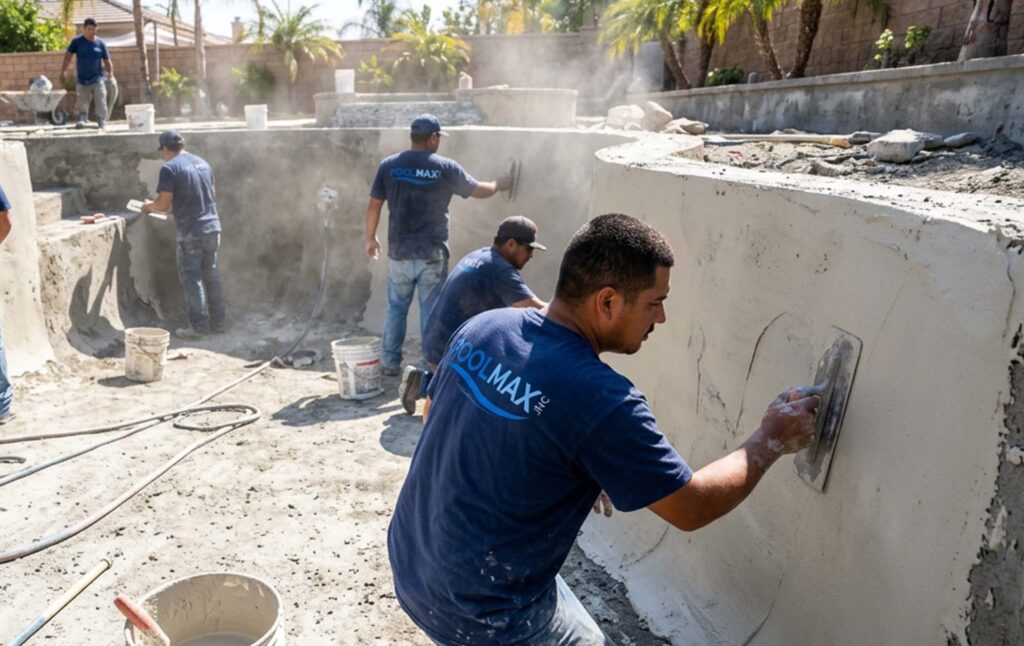 PoolMax technicians hand-troweling a premium pebble interior finish onto the surface of a custom pool