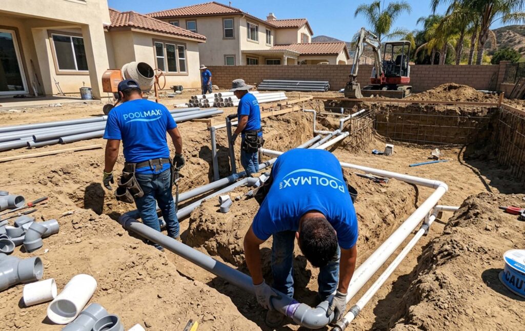A clean, professionally installed pool equipment pad featuring a Pentair pump, filter, and heater by PoolMax. 