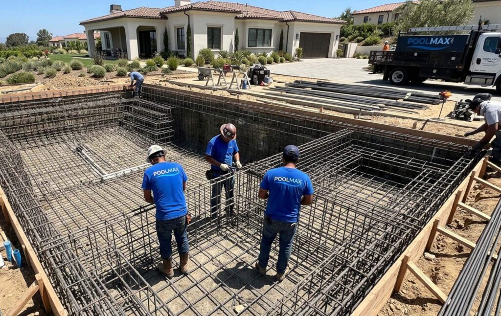 A full backyard view showing the complete steel rebar cage installed for a custom geometric pool and spa in Orange County. 