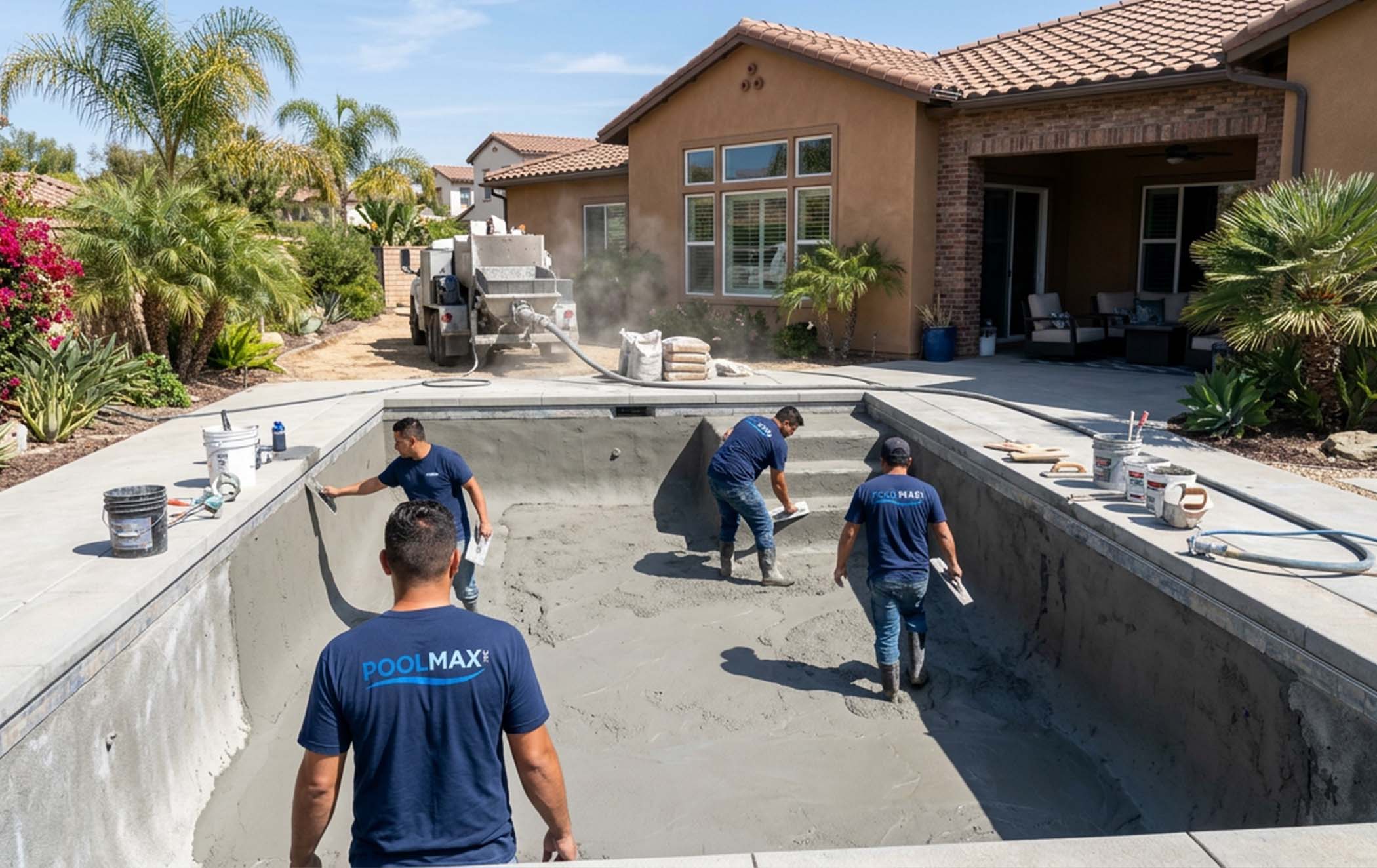 A drained swimming pool undergoing a complete replastering and resurfacing remodel in Orange County, CA by PoolMax