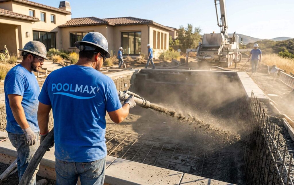 A wide view of a freshly poured shotcrete pool shell curing in a residential backyard, built by PoolMax in Orange County. 