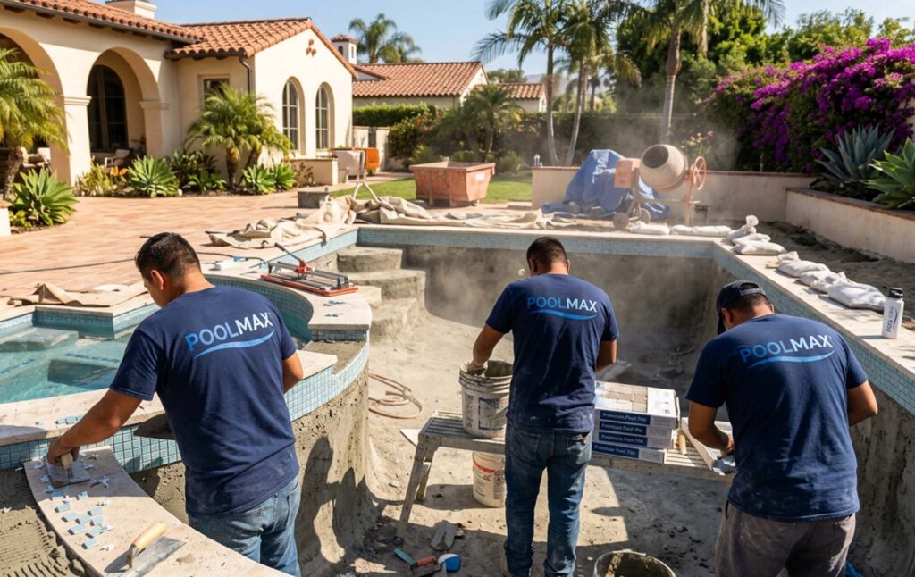 A finished custom pool edge featuring modern porcelain waterline tile and natural stone coping installed by PoolMax in OC.