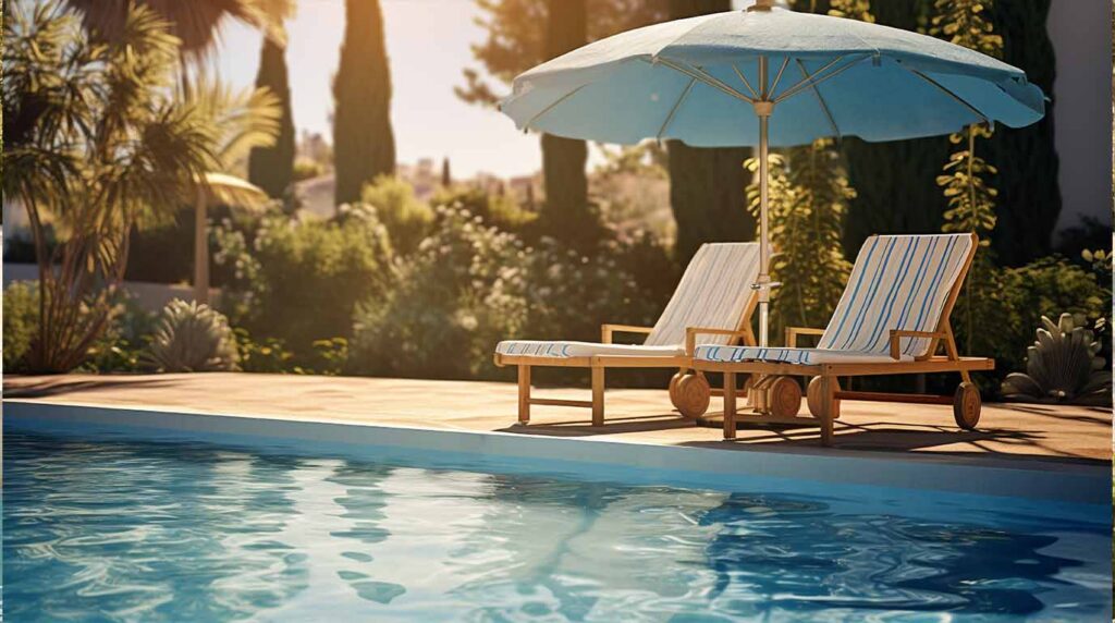 A steaming, heated luxury spa with glass tile and travertine decking in a modern Orange County backyard, representing a pool ready for fall after professional heater and equipment repair.