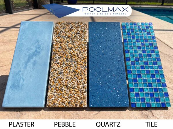 A side-by-side material comparison of custom swimming pool finishes, showcasing the textures of traditional plaster, durable quartz, premium pebble aggregate, and luxury glass tile.