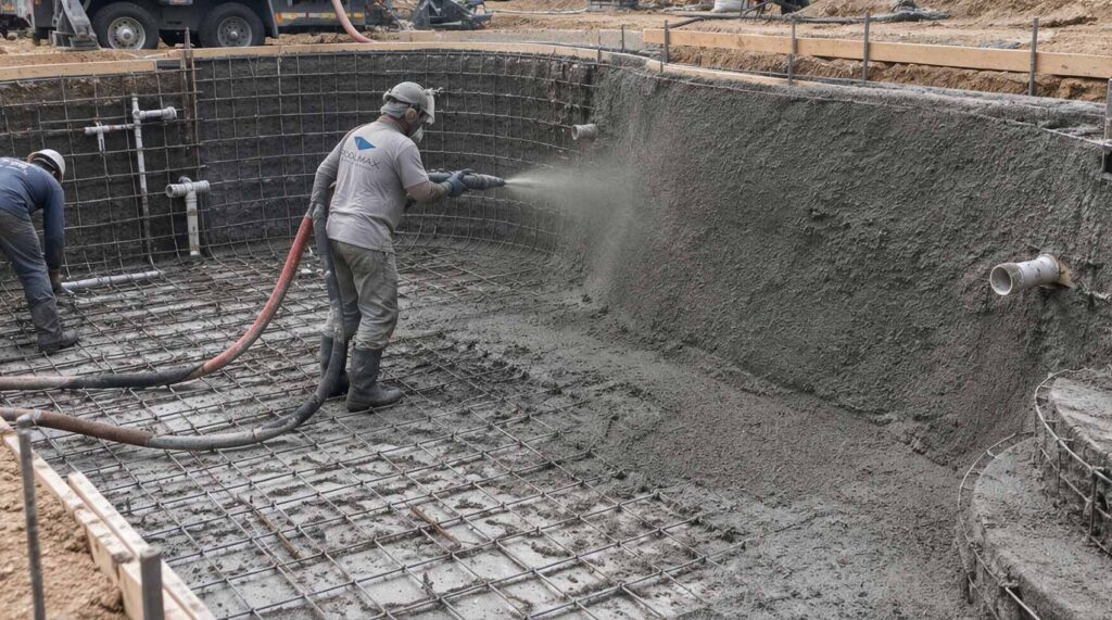Gunite being applied to the reinforced structure of a swimming pool under construction
